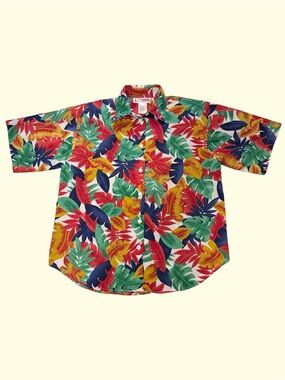 Vintage 90s Functionals AOP Leaves Leaf Print Maximalism Short Sleeve Large
